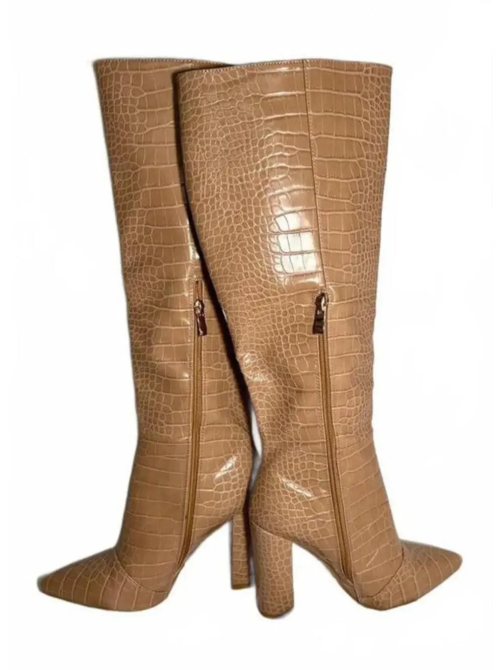 Billini Milla Knee High Boots Beige Croc Embossed Block Heel Pointed Toe size 8